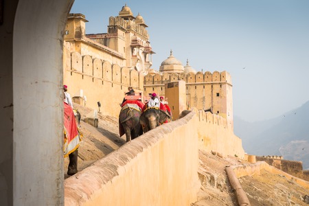 JAIPUR, INDIA - JAN 19, 2016: Unidentified tourists ride an elephant. Indian elephants used to be one of the main way of transportation in the pastのeditorial素材