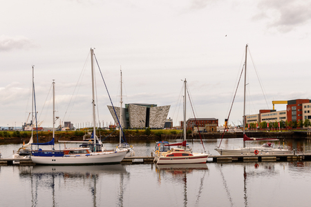 BELFAST, NI - JULY 14, 2016: Titanic Belfast Harbour, a major maritime hub in Northern Ireland known as Queen's Island until 1995のeditorial素材