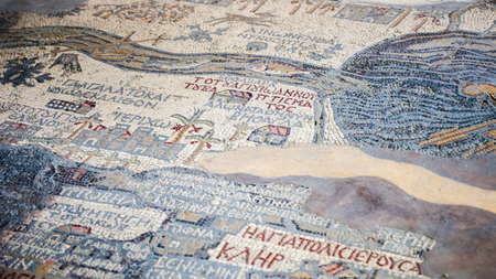 MADABA, JORDAN - APR 28, 2014:  Fragment of the oldest floor mosaic map of the Holy Land and Jerusalem in the Saint George's Church. It dates 6th centuryのeditorial素材