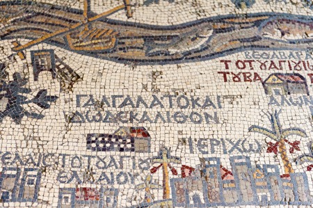 MADABA, JORDAN - APR 28, 2014:  Fragment of the oldest floor mosaic map of the Holy Land and Jerusalem in the Saint George's Church. It dates 6th centuryのeditorial素材
