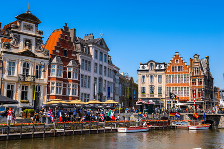 GHENT, BELGIUM  - JUN 5, 2015: Architecture the Leie river in  the historic part of Ghent, Belgium. Ghent is the capital and largest city of the East Flanders provinceのeditorial素材