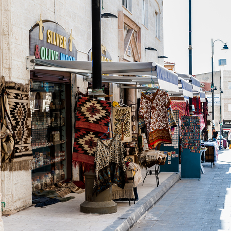 MADABA, JORDAN - APR 28, 2014: Souvenirs street in Madaba, Jordan. Madaba dates from the Middle Bronze Age and called "The City of Mosaics"のeditorial素材