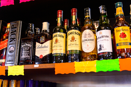 CITY OF SAN MARINO, SM - MAY 11, 2016: Assortment of the beverages at the  PicNic shop, a place where the tourist can buy the local alcoholic drinksのeditorial素材