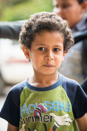 SANA'A, YEMEN - JAN 11, 2014: Unidentified Yemeni boy portrait in Sana'a. Children of Yemen grow up without educationのeditorial素材