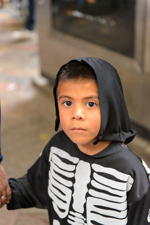 PUEBLA, MEXICO - OCT 30, 2016: Unidentified boy dressed for the Day of the Dead (Dia de los Muertos), national Mexican holiday, UNESCO Intangible Cultural Heritage of Humanityのeditorial素材
