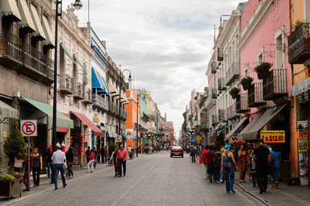 PUEBLA, MEXICO - OCT 30, 2016: Architecture of historic centre of Puebla, Mexico. The city was founded in 1531 in an area called Cuetlaxcoapanのeditorial素材