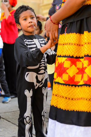 OAXACA, MEXICO - OCT 31, 2016: Unidentified boy dressed as a skeleton for the Day of the Dead (Dia de los Muertos), national Mexican holiday, UNESCO Intangible Cultural Heritage of Humanityのeditorial素材