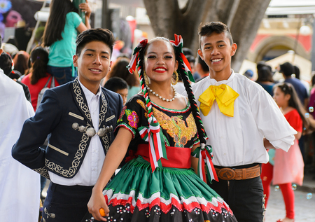 PUEBLA, MEXICO - OCT 30, 2016: Unidentified woman wears the national costume for the Day of the Dead (Dia de los Muertos), national Mexican holiday, UNESCO Intangible Cultural Heritage of Humanityのeditorial素材