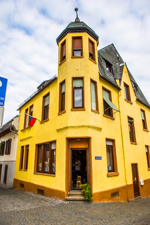 RUDESHEIM, GERMANY - JUNE 10, 2015: Architecture of Rudesheim, Germany. Rudesheim is a winemaking town in the Rhine Gorge and thereby part of the UNESCO World Heritage Siteのeditorial素材
