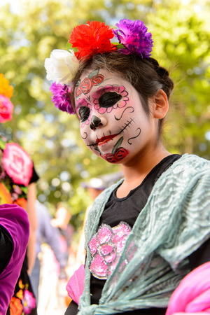 OAXACA, MEXICO - OCT 31, 2016: Unidentified girl dressed and painted for the Day of the Dead (Dia de los Muertos), national Mexican holiday, UNESCO Intangible Cultural Heritage of Humanityのeditorial素材