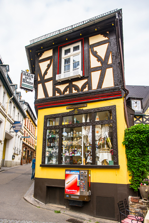 RUDESHEIM, GERMANY - JUNE 10, 2015: Architecture of Rudesheim, Germany. Rudesheim is a winemaking town in the Rhine Gorge and thereby part of the UNESCO World Heritage Siteのeditorial素材