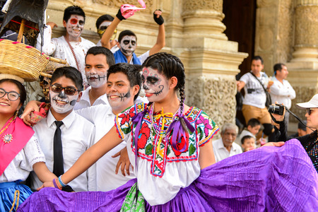 OAXACA, MEXICO - OCT 31, 2016: Unidentified girl dressed and dances for the Day of the Dead (Dia de los Muertos), national Mexican holiday, UNESCO Intangible Cultural Heritage of Humanityのeditorial素材