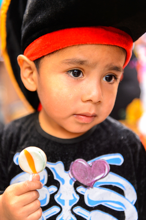 OAXACA, MEXICO - OCT 31, 2016: Unidentified boy dressed as a pirate for the Day of the Dead (Dia de los Muertos), national Mexican holiday, UNESCO Intangible Cultural Heritage of Humanityのeditorial素材