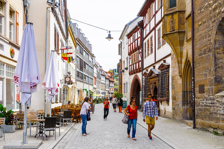 ERFURT, GERMANY  - JUN 16, 2014:  Architecture of the central streets of the city of Erfurt, Germany. Erfurt is the Capital of Thuringia and the city was first mentioned in 742のeditorial素材