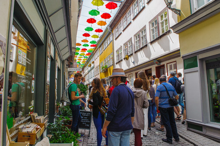 ERFURT, GERMANY  - JUN 16, 2014: The Umbrella street of the city of Erfurt, Germany. Erfurt is the Capital of Thuringia and the city was first mentioned in 742のeditorial素材