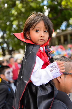 OAXACA, MEXICO - OCT 31, 2016: Unidentified girl dressed as Dracula for the Day of the Dead (Dia de los Muertos), national Mexican holiday, UNESCO Intangible Cultural Heritage of Humanityのeditorial素材
