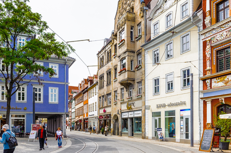 ERFURT, GERMANY  - JUN 16, 2014: Architecture at the Wenigenmarkt Square of the city of Erfurt, Germany. Erfurt is the Capital of Thuringia and the city was first mentioned in 742のeditorial素材