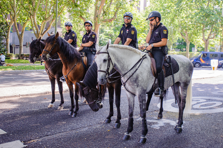 MADRID, SPAIN - JUN 19, 2014: Unidentified Spanish policemen look for the orden in the centre of Madrid during the celebration of the coronation of the New King of Spain Felipe IVのeditorial素材