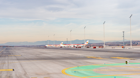 MADRID, SPAIN - JAN 26, 2015: Aircraft of Iberia in the Adolfo Suarez Madrid Barajas Airport. Barajas  is the main international airport serving Madrid in Spain.のeditorial素材
