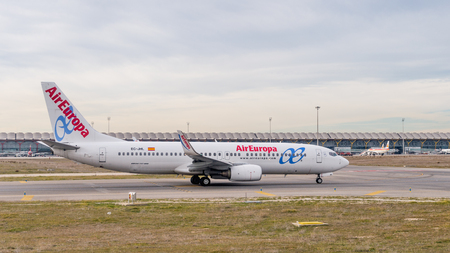 MADRID, SPAIN - JAN 26, 2015: Aircraft of the Air Europa in the Adolfo Suarez Madrid Barajas Airport. Barajas  is the main international airport serving Madrid in Spain.のeditorial素材