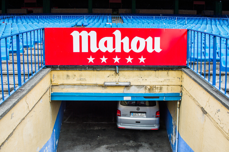 MADRID, SPAIN - FEB 11, 2015: Mahou beer logo at the Vicente Calderon Football Stadium. It's the home stadium of La Liga football club Atletico Madridのeditorial素材