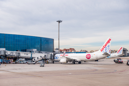 MADRID, SPAIN - JAN 26, 2015: Aircraft of the Air Europa in the Adolfo Suarez Madrid Barajas Airport. Barajas  is the main international airport serving Madrid in Spain.のeditorial素材