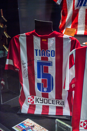 MADRID, SPAIN - FEB 11, 2015: Tiago in the Museum of the Atletico Madrid at the Vicente Calderon Football Stadium. It's the home stadium of La Liga football club Atletico Madridのeditorial素材