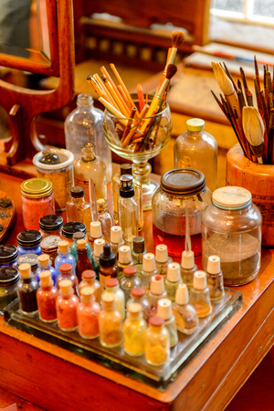 COYOACAN, MEXICO - OCT 28, 2016: Work room fro painting in the Blue House (La Casa Azul), historic house and art museum dedicated to the life and work of Mexican artist Frida Kahloのeditorial素材