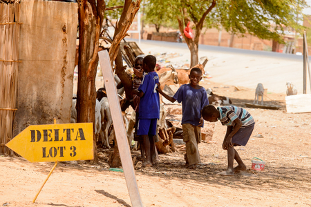 ROAD TO LAMPOUL, SENEGAL - APR 23, 2017: Unidentified Senegalese little children play in the yard near the tree. Still many people in Senegal live in povertyのeditorial素材