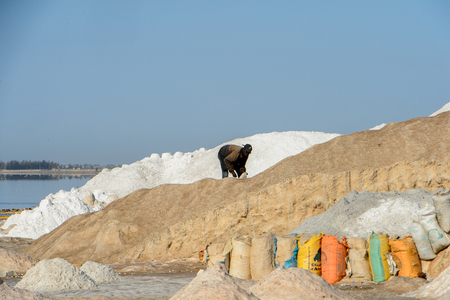 LAC ROSE, SENEGAL - APR 26, 2017: Unidentified Senegalese man put something up on the salty coast of the Lake Retba, UNESCO World Heritage Siteのeditorial素材
