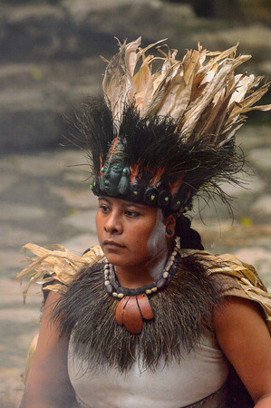 XCARET, MEXICO - NOV 8, 2015: Unidentified girl wears a costume of a Maya indian. The Mayan are a...
