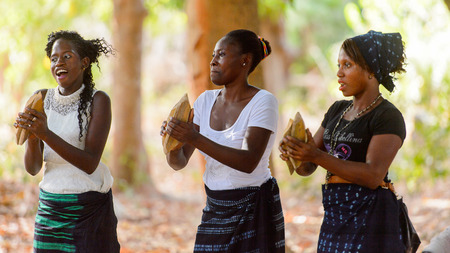 Kaguit vil., SENEGAL - APR 30, 2017: Unidentified Diola women hold the special attributes during a traditional dance Kumpo in a Sacred Forest near Kaguit villageのeditorial素材