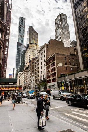 NEW YORK, USA - SEP 22, 2015: Architecture of the Fifth avenue, 10.0 km. It stretches from West 143rd Street in Harlem to Washington Square North at Washington Square Park in Greenwich Villageのeditorial素材
