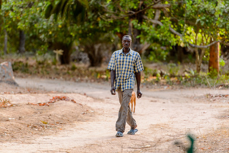 OUSSOUYE, SENEGAL - APR 30, 2017: Unidentified Senegalese man in plaid shirt walks  in the Sacred Forest near Kaguit villageのeditorial素材
