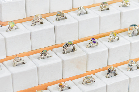 TAXCO, MEXICO - OCT 28, 2016: Beautiful rings in  the shop and factory called Maesros Plateros, dedicated to the selling of the silver articlesのeditorial素材