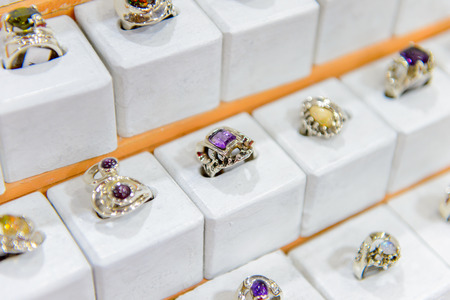 TAXCO, MEXICO - OCT 28, 2016: Beautiful rings in  the shop and factory called Maesros Plateros, dedicated to the selling of the silver articlesのeditorial素材