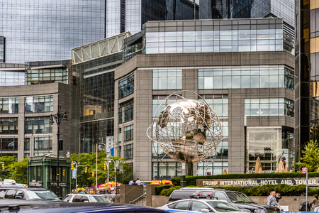 NEW YORK, USA - SEP 22, 2015: Globe of the Trump Hotel of the Columbus Circle, Manhattan. It is the point from which all official distances from New York City are measured.のeditorial素材