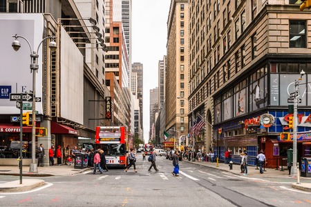 NEW YORK, USA - SEP 22, 2015: Architecture of the Broadway street. It is the oldest north south main thoroughfare in New York Cityのeditorial素材