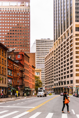 NEW YORK, USA - SEP 22, 2015: Architecture of the Lower Manhattan (Downtown). It was originated at the southern tip of Manhattan Island in 1624のeditorial素材