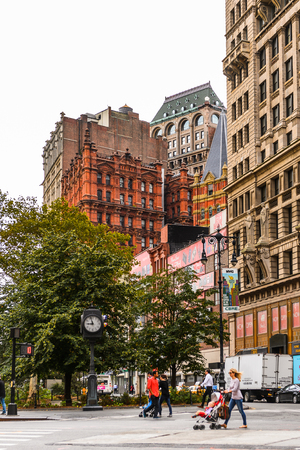 NEW YORK, USA - SEP 22, 2015: Architecture of the Lower Manhattan (Downtown). It was originated at the southern tip of Manhattan Island in 1624のeditorial素材