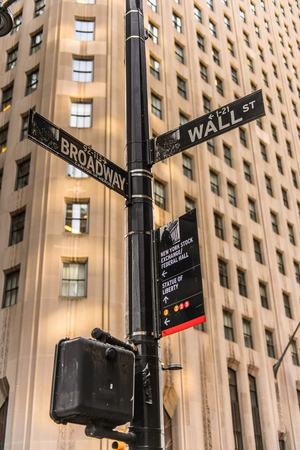NEW YORK, USA - SEP 22, 2015: Wall Street and Broadway sign on the Lower Manhattan (Downtown). Downtown  was originated at the southern tip of Manhattan Island in 1624のeditorial素材