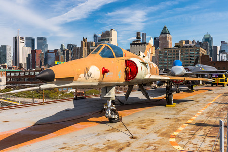 NEW YORK, USA - SEP 25, 2015: Militar aircraft on USS Intrepid (The Fighting I), one of 24...