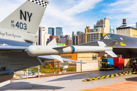 NEW YORK, USA - SEP 25, 2015: Militar aircraft on USS Intrepid (The Fighting I), one of 24 Essex-class aircraft carriers built during World War II for the United States Navyのeditorial素材