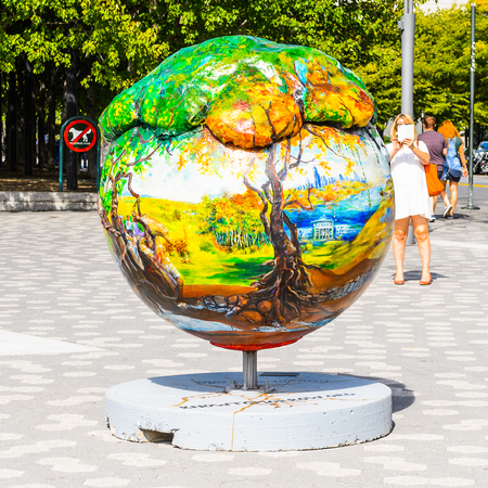 NEW YORK, USA - SEP 22, 2015: Decorative globe on  the Lower Manhattan (Downtown). Downtown  was originated at the southern tip of Manhattan Island in 1624のeditorial素材