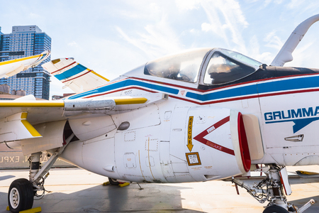 NEW YORK, USA - SEP 25, 2015: Militar aircraft on USS Intrepid (The Fighting I), one of 24 Essex-class aircraft carriers built during World War II for the United States Navyのeditorial素材