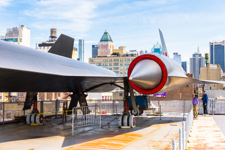 NEW YORK, USA - SEP 25, 2015: Militar aircraft on USS Intrepid (The Fighting I), one of 24 Essex-class aircraft carriers built during World War II for the United States Navyのeditorial素材