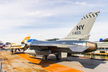 NEW YORK, USA - SEP 25, 2015: Militar aircraft on USS Intrepid (The Fighting I), one of 24 Essex-class aircraft carriers built during World War II for the United States Navyのeditorial素材