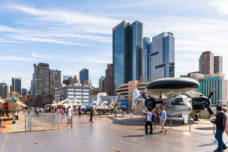 NEW YORK, USA - SEP 25, 2015: Deck of USS Intrepid (The Fighting I), one of 24 Essex-class aircraft carriers built during World War II for the United States Navy (Intrepid Museum)のeditorial素材