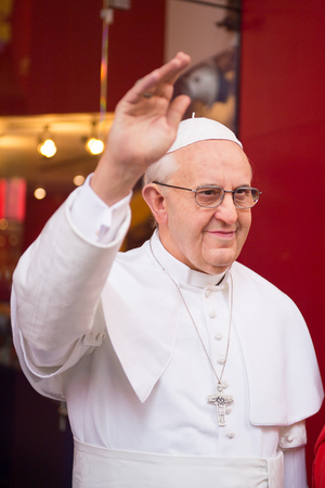 NEW YORK, USA - SEP 22, 2015: Pope Francis in Madame Tussaud  wax museum, TImes Square, New York City. Marie Tussaud was born as Marie Grosholtz in 1761のeditorial素材