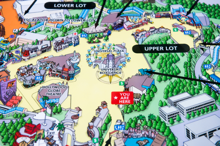 LOS ANGELES, USA - SEP 27, 2015: Universal Studios Hollywood Park map. Universal Pictures company...